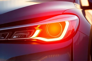 Close-up of new car headlight reflecting sunset